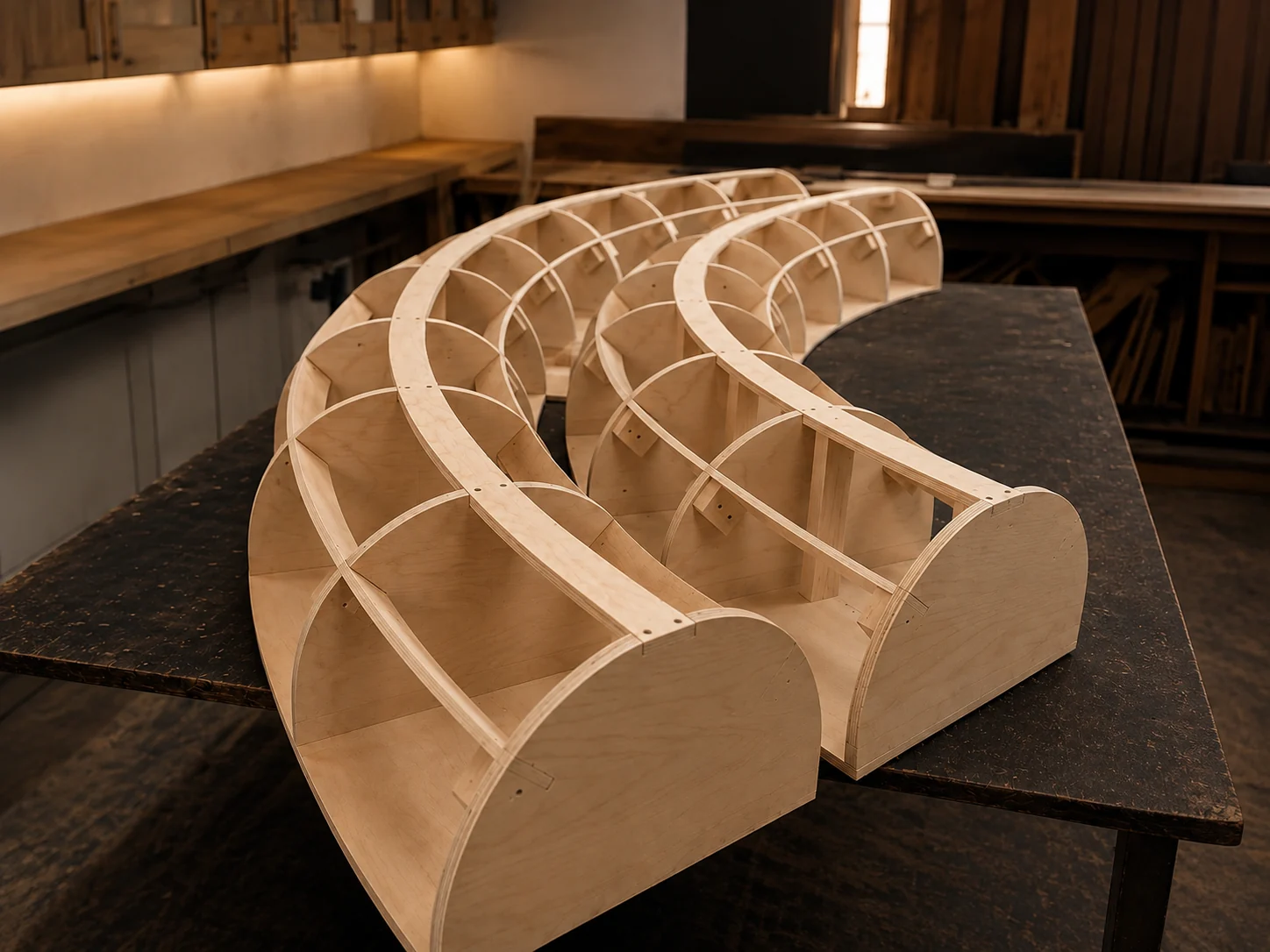 Curved plywood furniture frames during structural construction