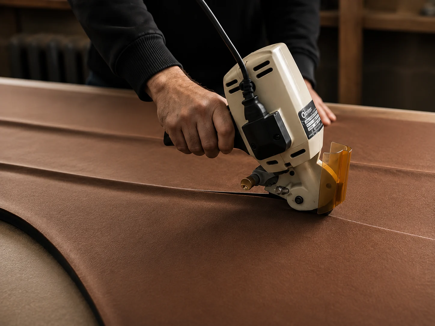 Upholstery material being cut with an industrial cutting tool