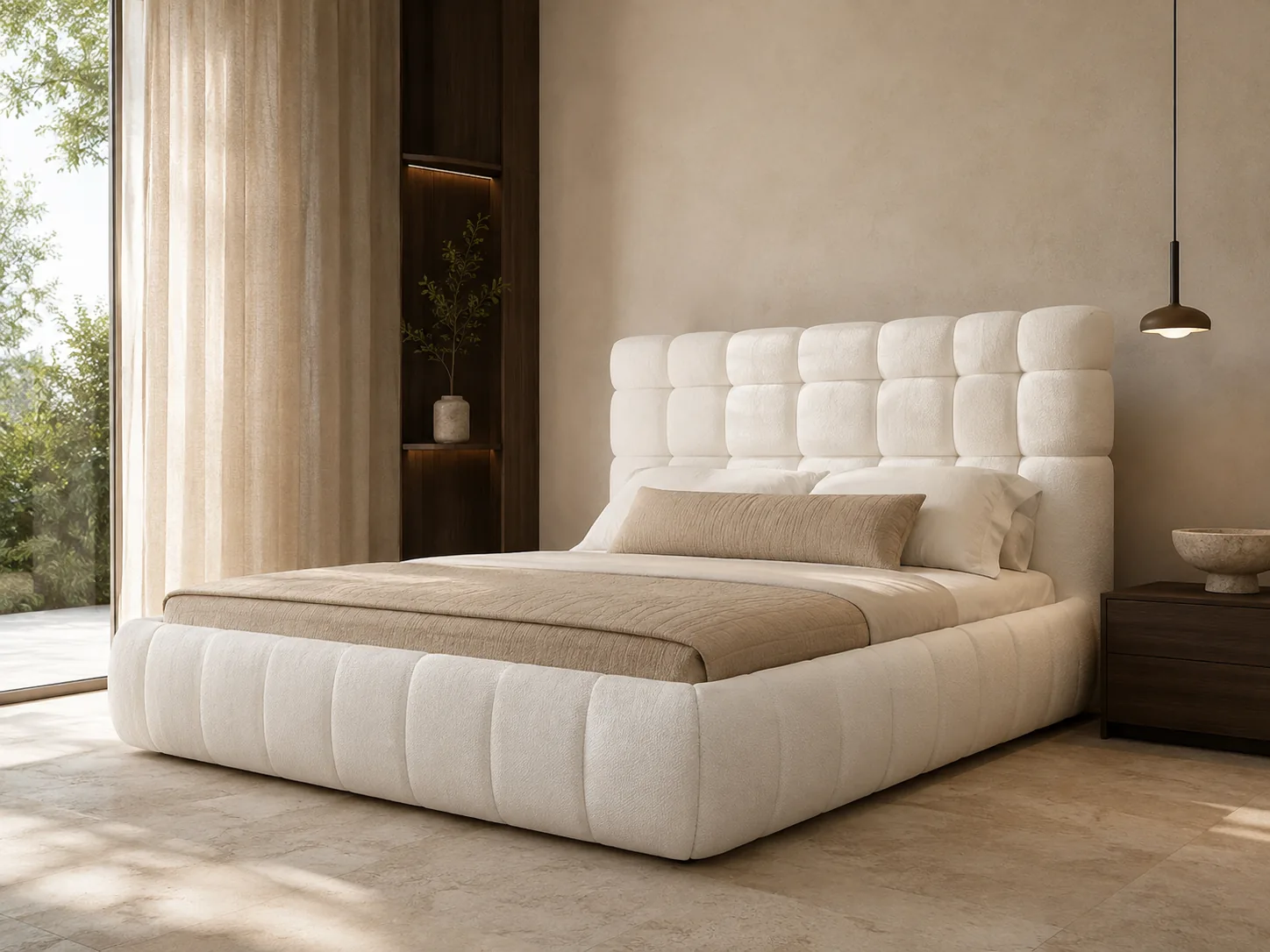 Ivory sculptural upholstered platform bed in a styled interior visualization.