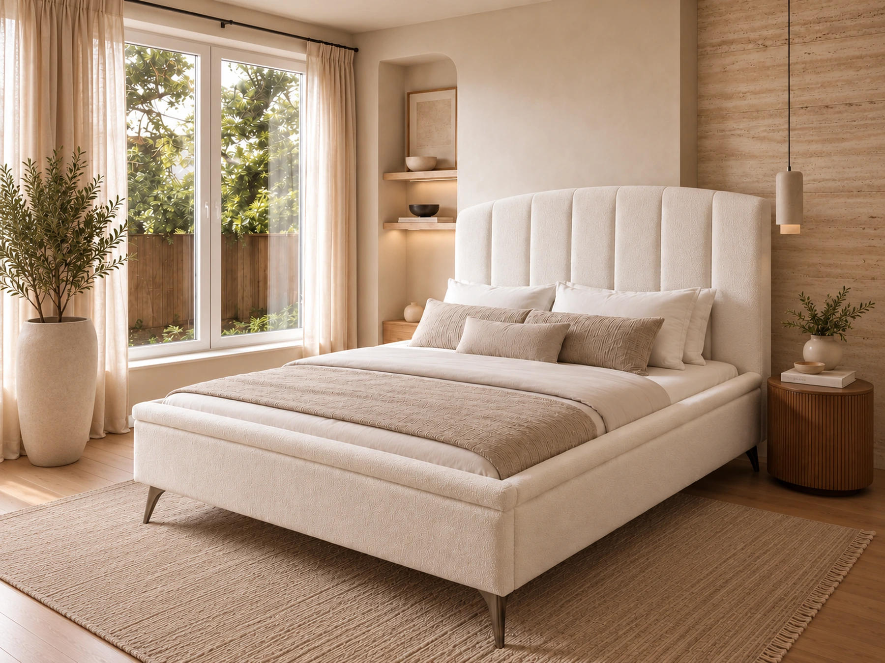 Upholstered bed with a tall vertical-channel headboard in a warm styled bedroom visualization.