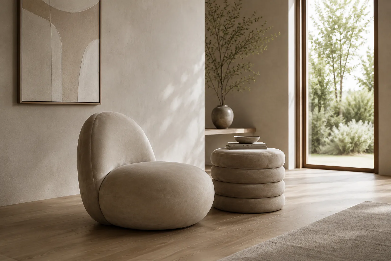 Custom upholstered lounge chair and coordinating ottoman in a styled interior visualization.