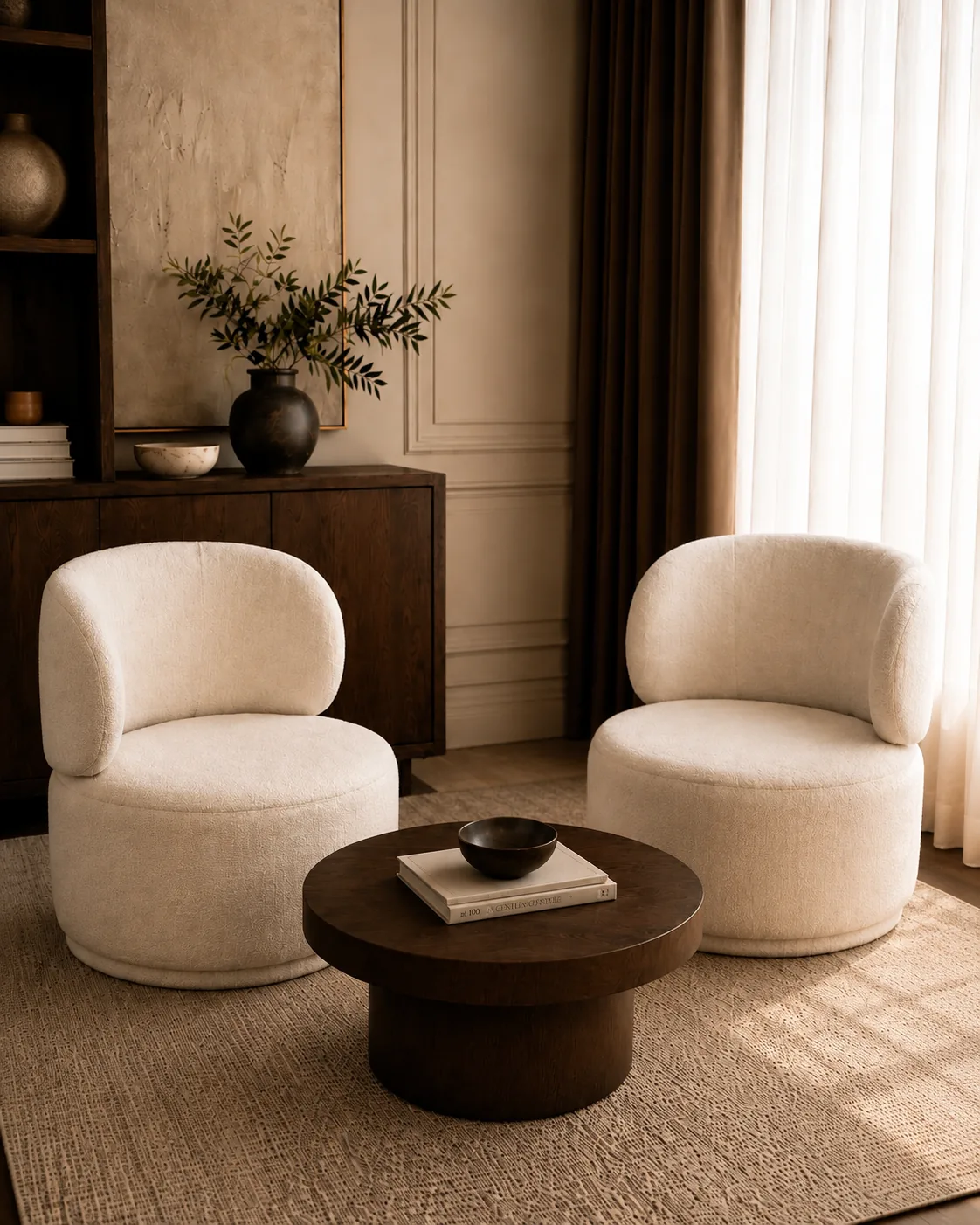 Pair of curved upholstered accent chairs in a styled interior visualization.