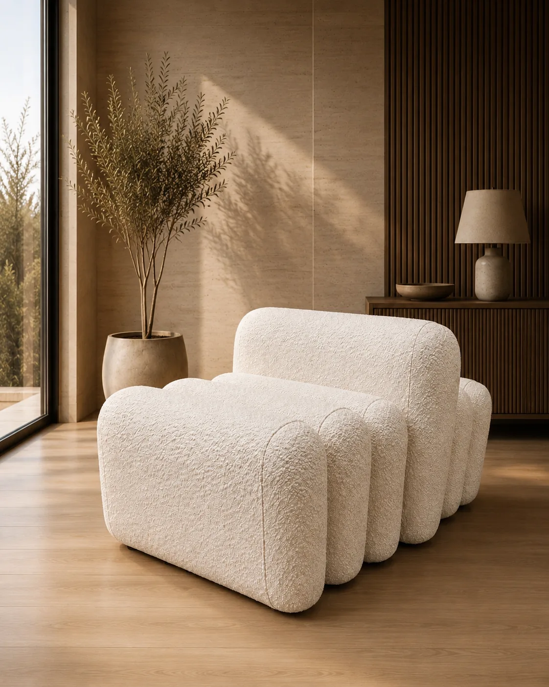 Sculptural upholstered chair with ribbed rounded forms in a styled interior visualization.
