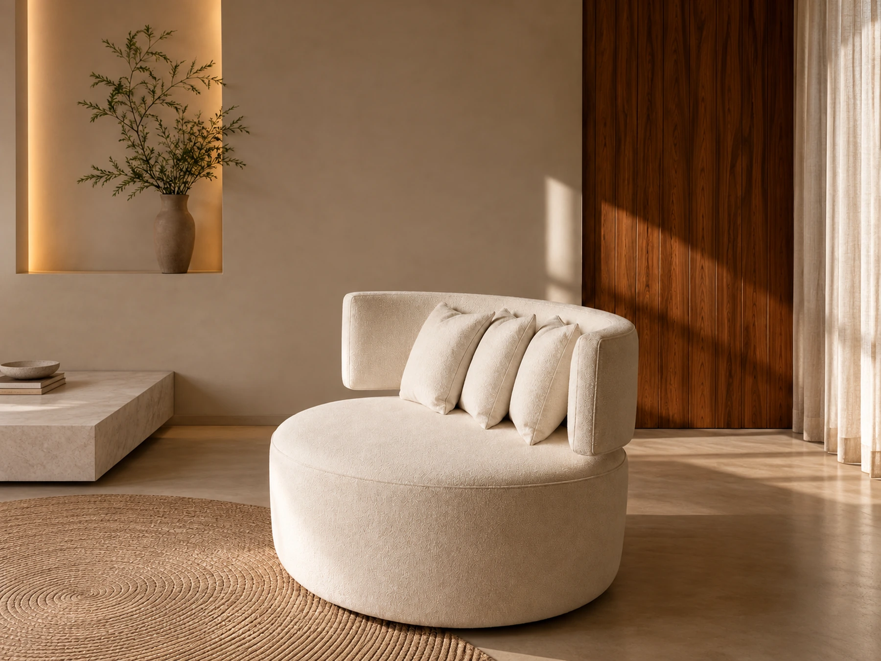 Round ivory upholstered accent chair with a curved back and loose cushions in a warm styled interior visualization.