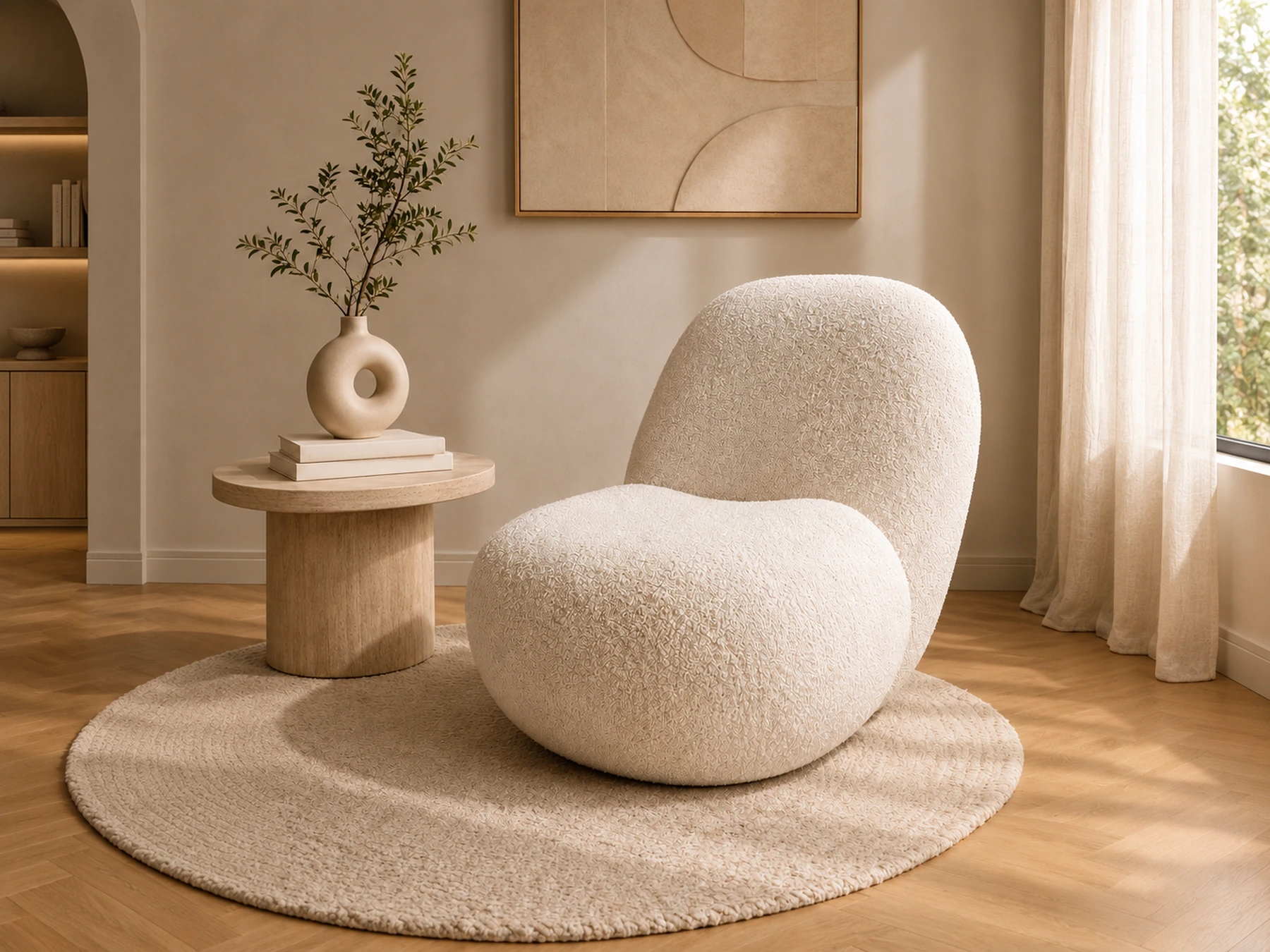 Ivory sculptural lounge chair with a rounded seat and back in a warm styled interior visualization.