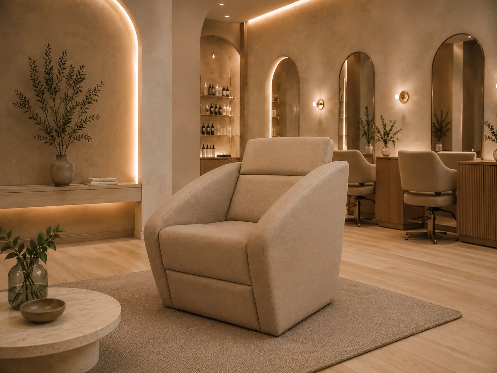 Custom upholstered lounge chair with angled arms in a beauty salon project.