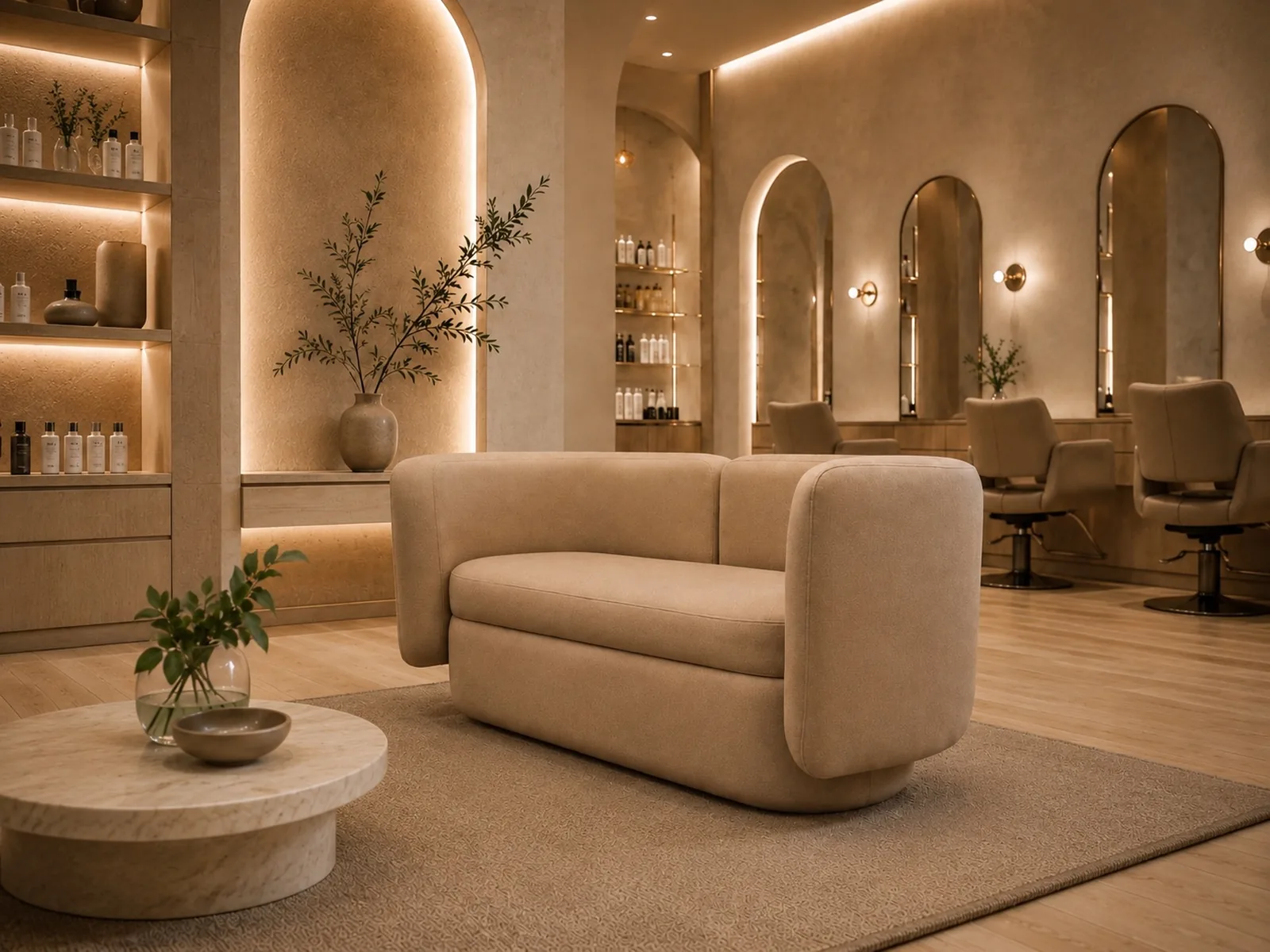 Custom upholstered loveseat with rounded arms in a beauty salon project.