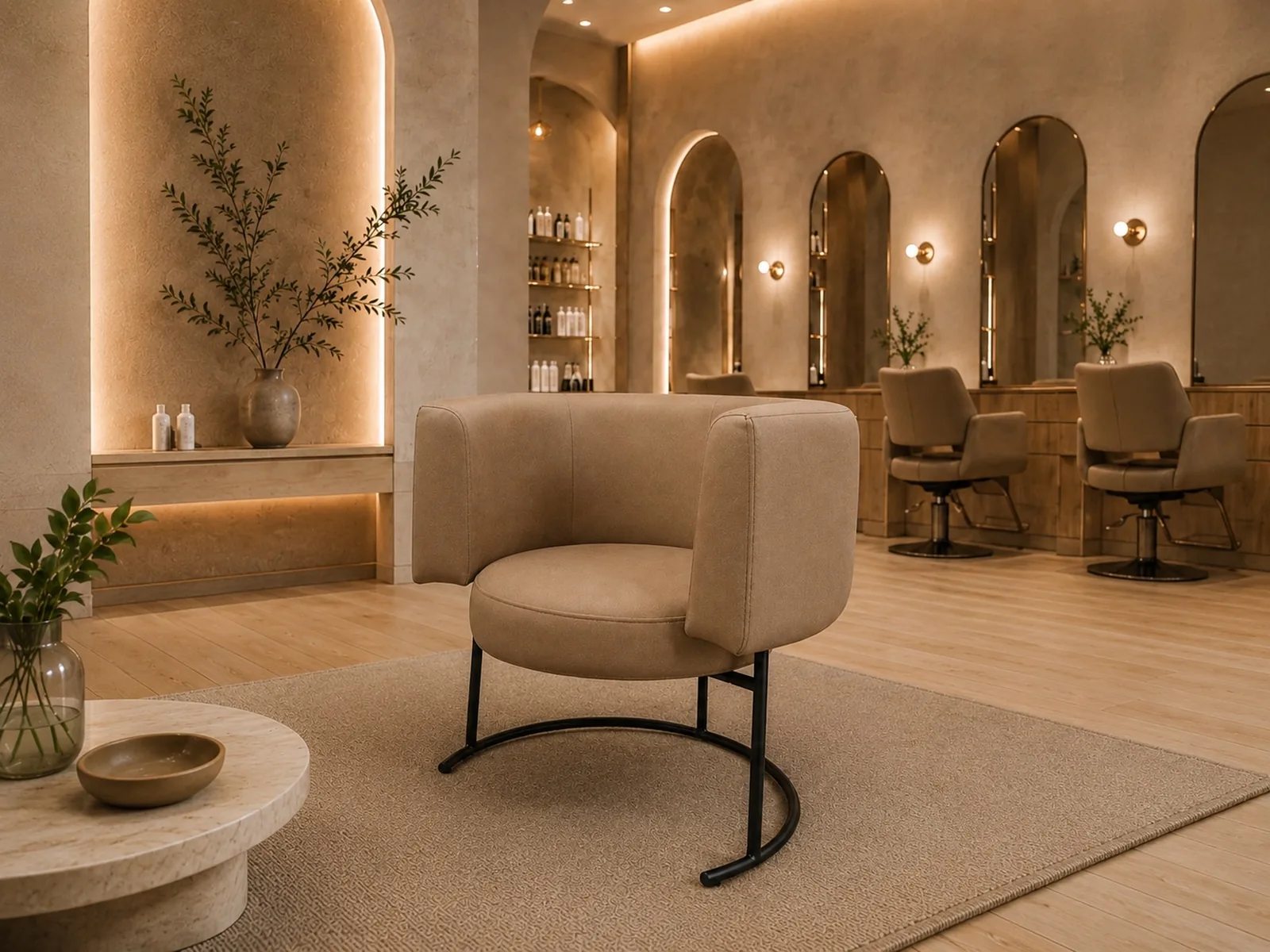 Custom sculptural upholstered lounge chair on a black metal base in a beauty salon project.
