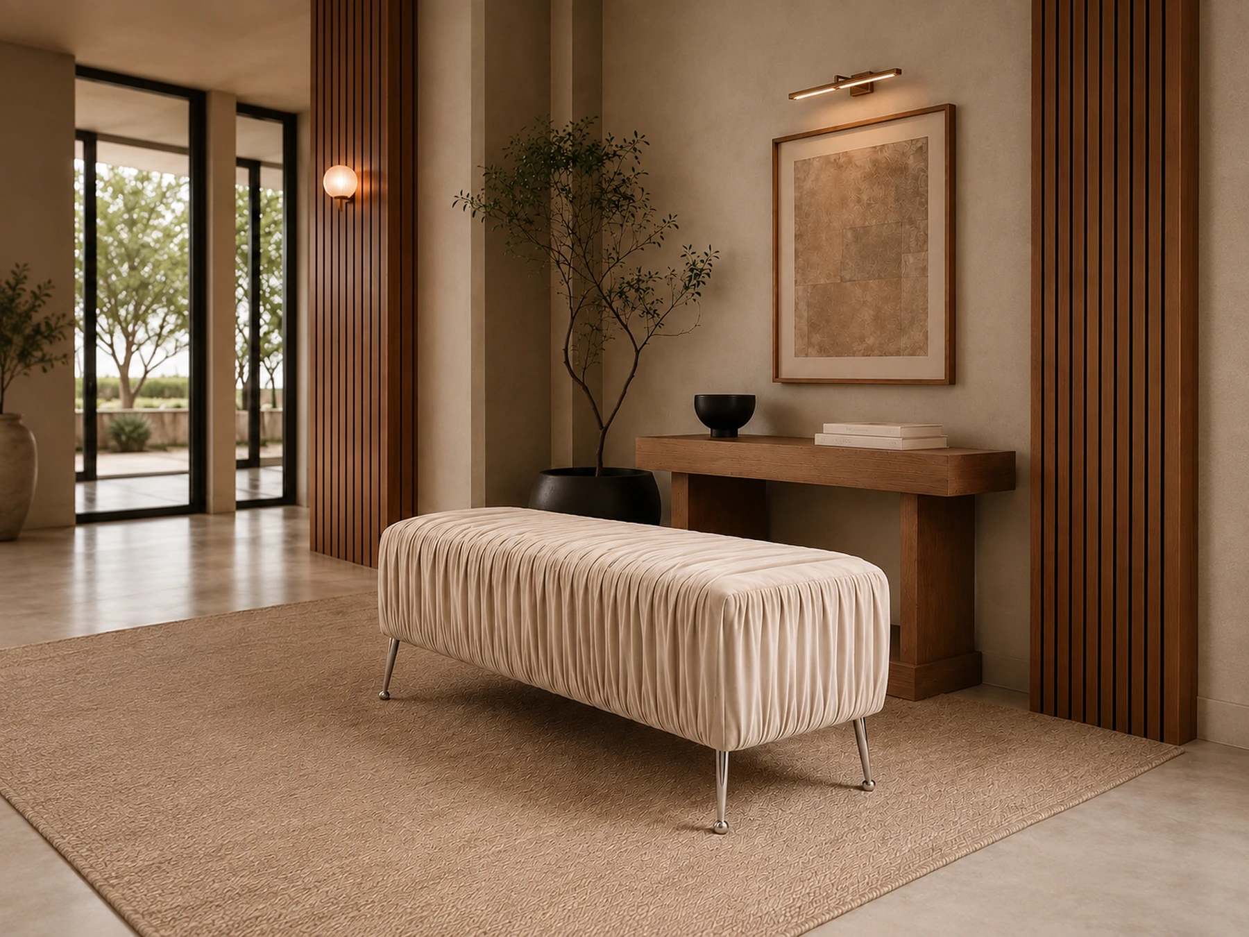 Light pleated upholstered bench with slim metal legs in a warm styled interior visualization.