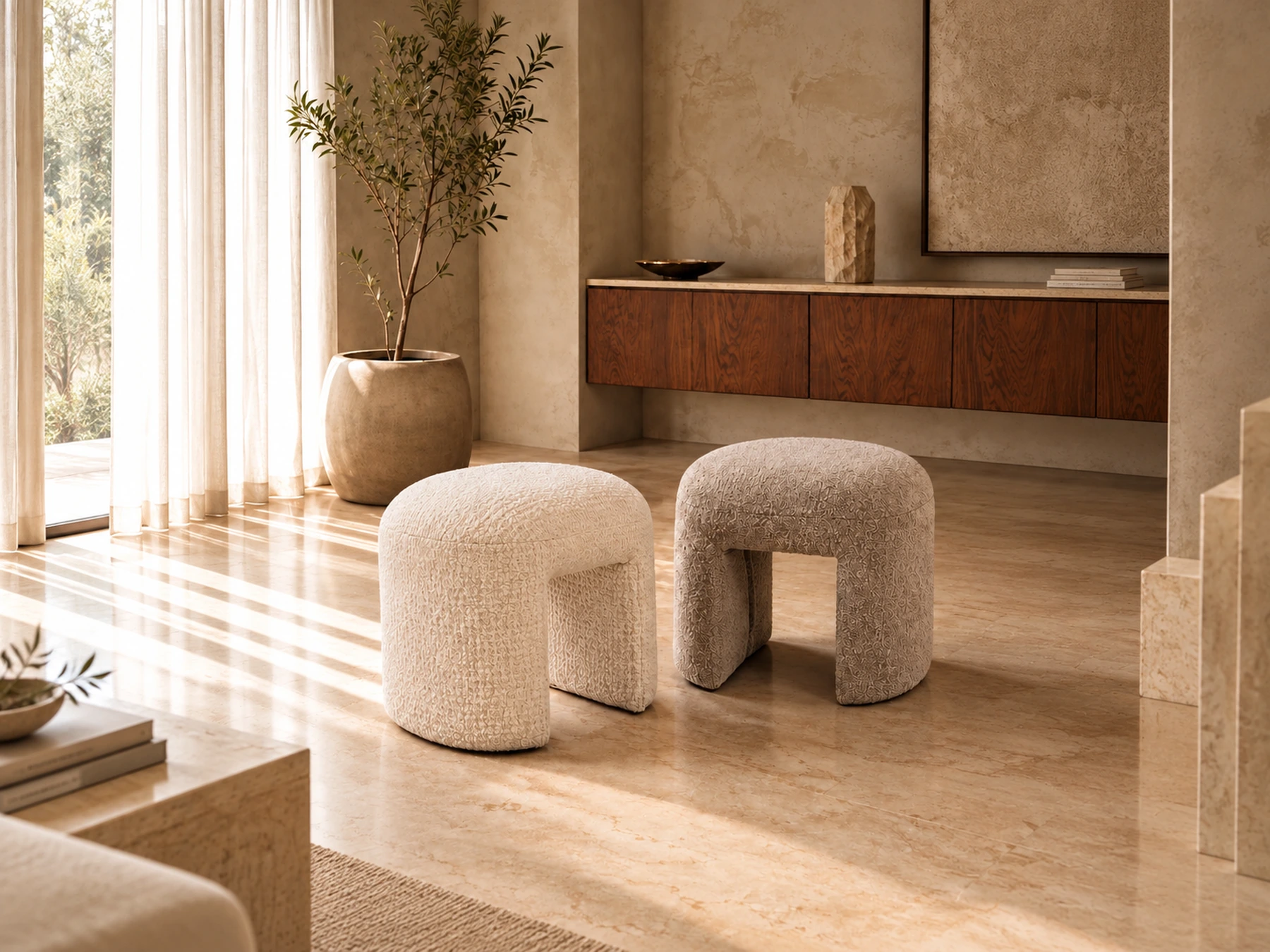 Pair of sculptural upholstered stools with rounded arch forms in a warm styled interior visualization.