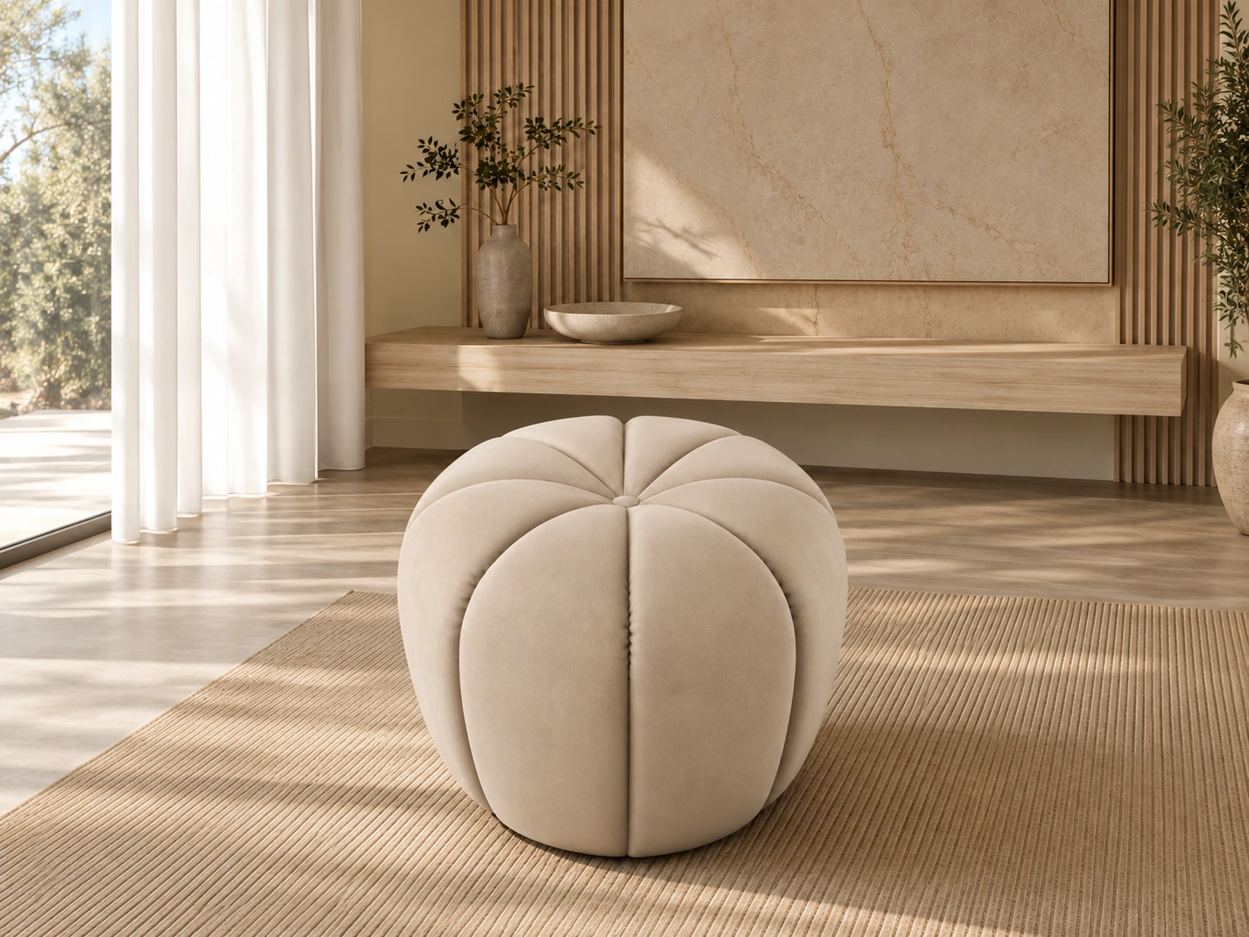 Ivory sculptural upholstered ottoman formed with rounded petal-like sections in a warm styled interior visualization.