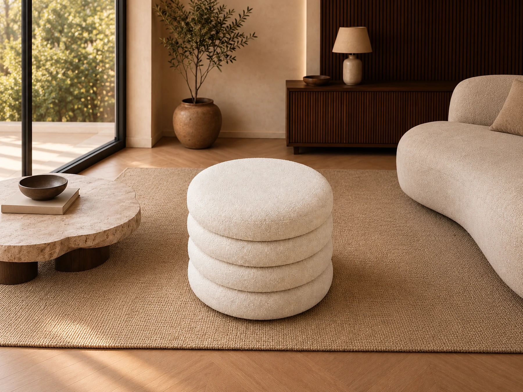 Ivory upholstered ottoman composed of stacked rounded rings in a warm styled interior visualization.