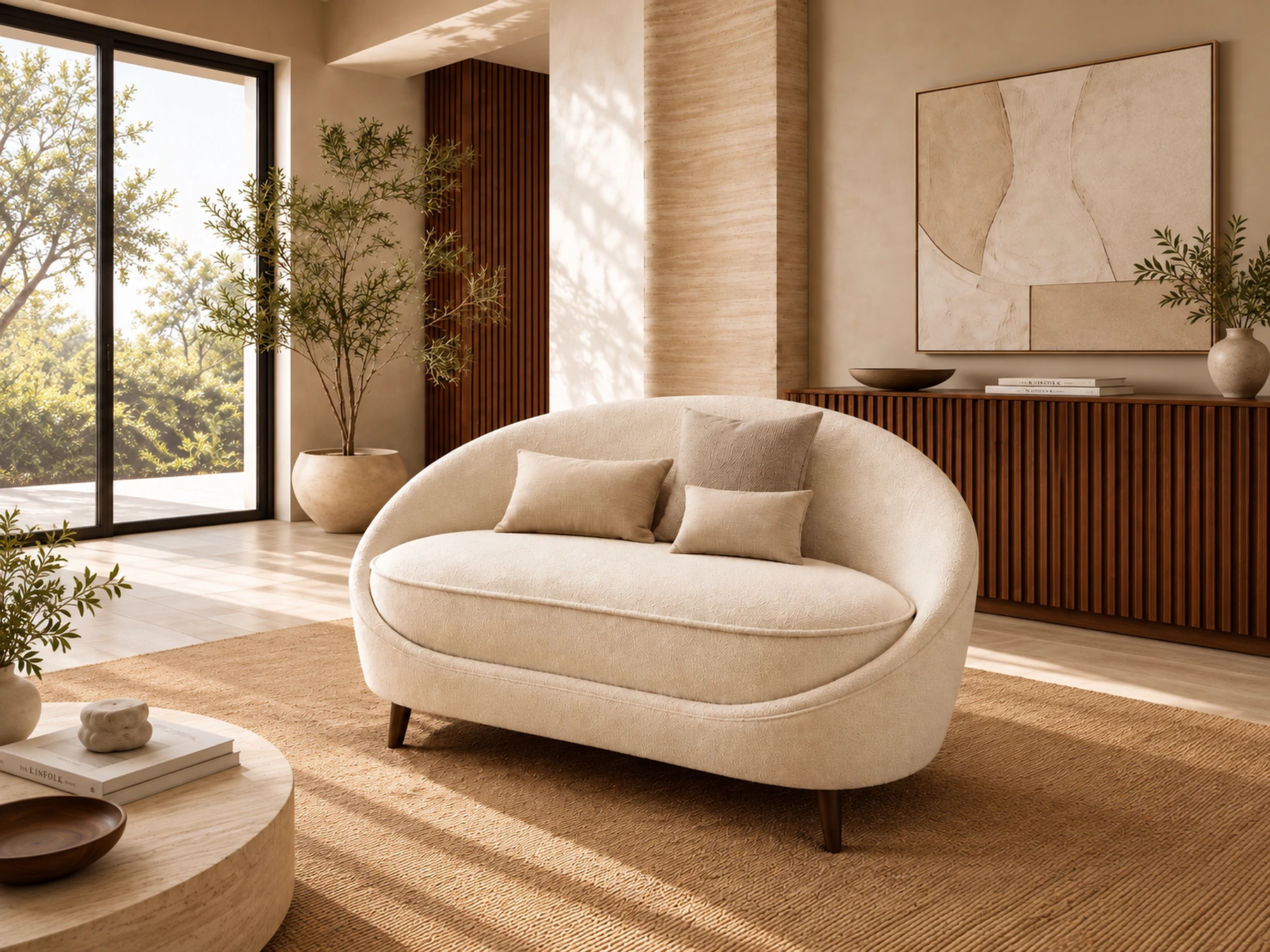 Curved upholstered loveseat with a rounded back in a warm styled interior visualization.