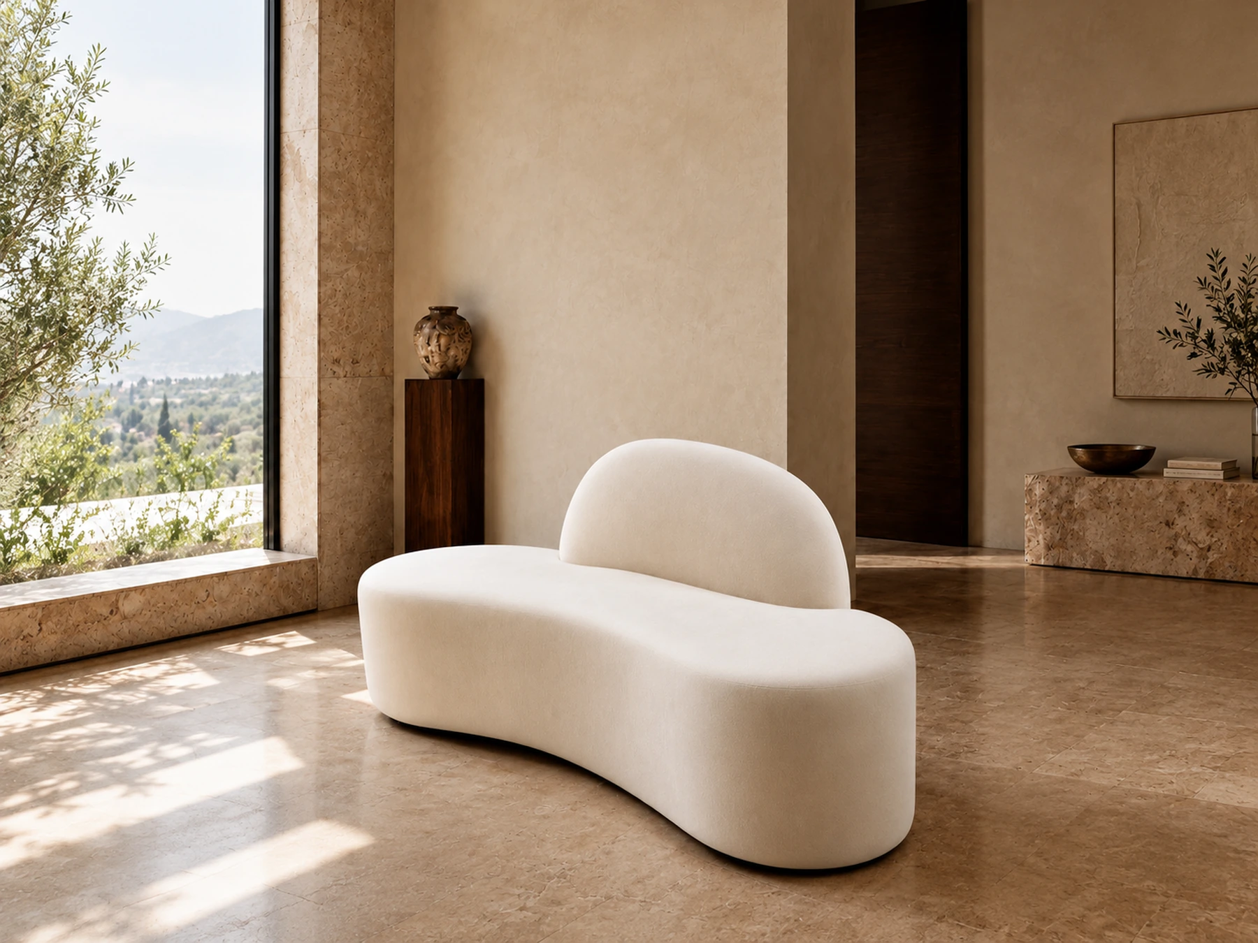 Sculptural curved upholstered sofa in a warm styled interior visualization.