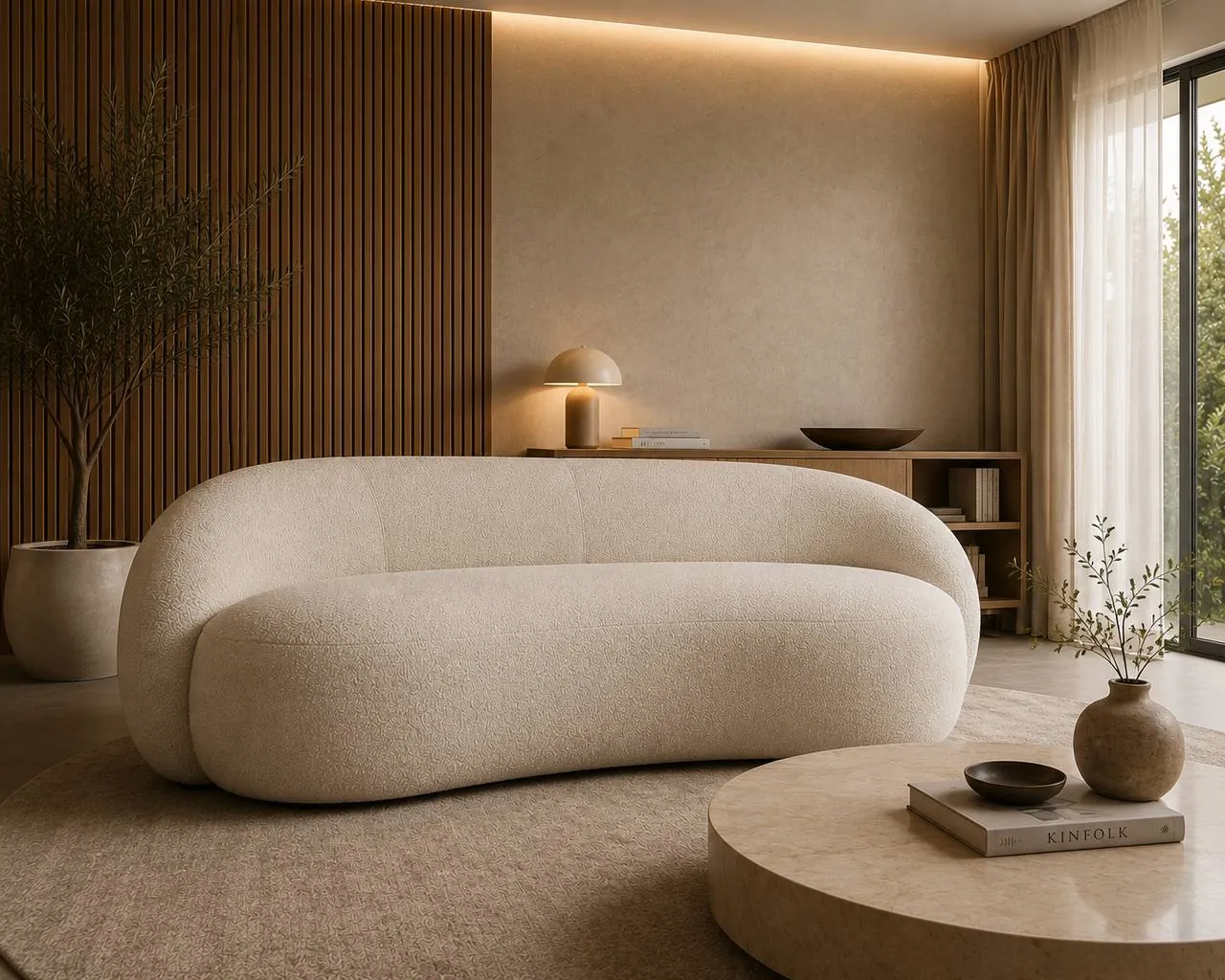 Curved upholstered sofa with a low rounded profile in a styled interior visualization.