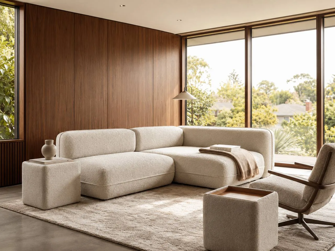 Custom modular cream sectional with rounded upholstered cushions.