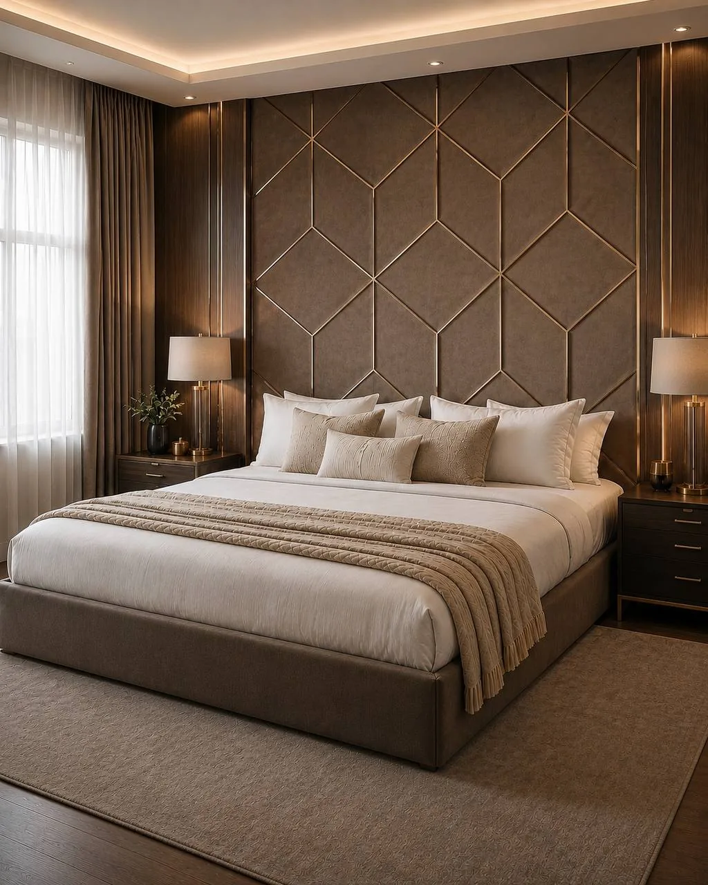 Upholstered bed with tall geometric headboard panels.