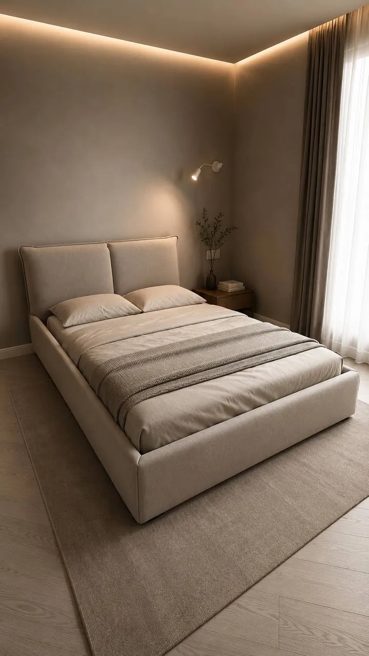 Tailored upholstered bed with a softly paneled headboard.