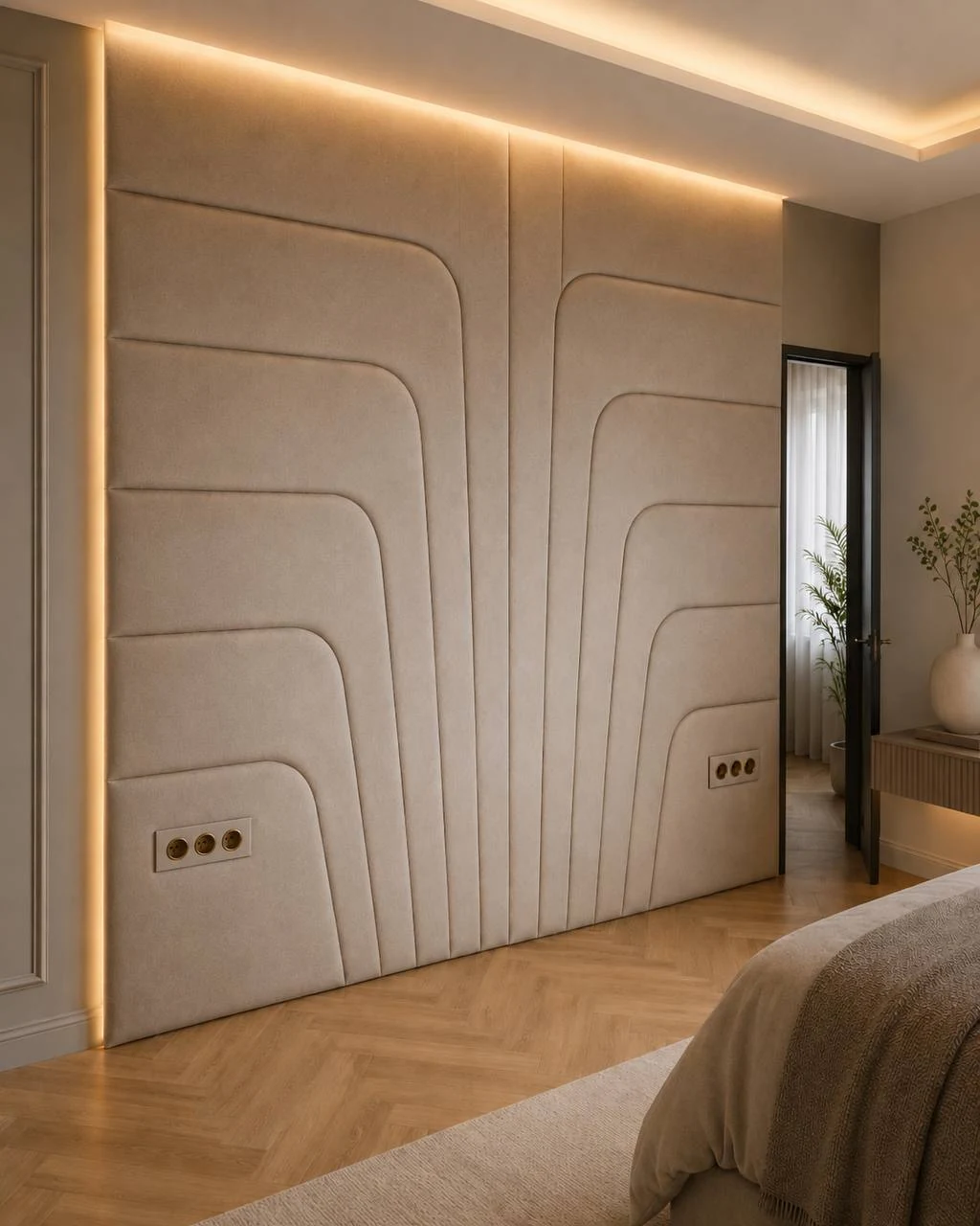 Custom upholstered wall panels with integrated warm lighting